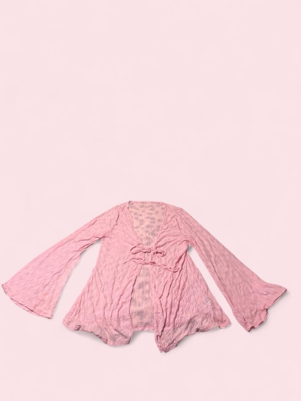 SHEIN Pink Crinkle Tie-Front Bell Sleeve Cardigan